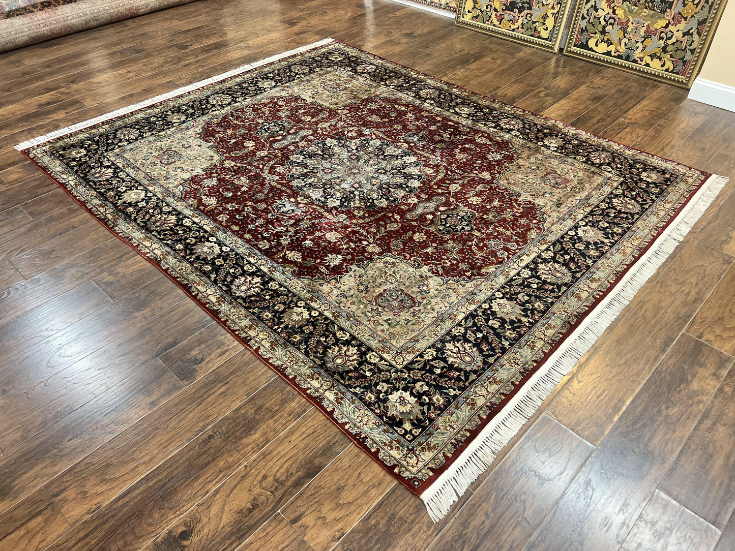 Pak Persian Rug 8x10, Wool Hand Knotted Vintage Carpet, Dark Red & Navy Blue, Dome Design Floral Medallion Rug, 8 x 10 Oriental Rug