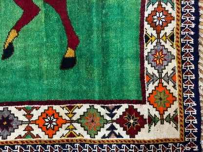 4 X 7 Handmade Rug Zagros Quality Wool Pictorial Horses Green Butterfly Colorful