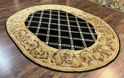 Oval Tibetan Rug 8x10, French Aubusson Design, Wool Handmade Vintage Carpet, Black & Beige, Soft Wool Pile