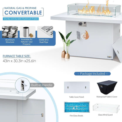 White Aluminum Outdoor Patio Furniture Set With Fire Pit