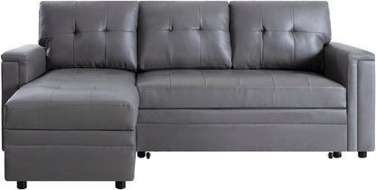 L Shaped Sectional Sleeper Sofa With USB Ports Gray Leather