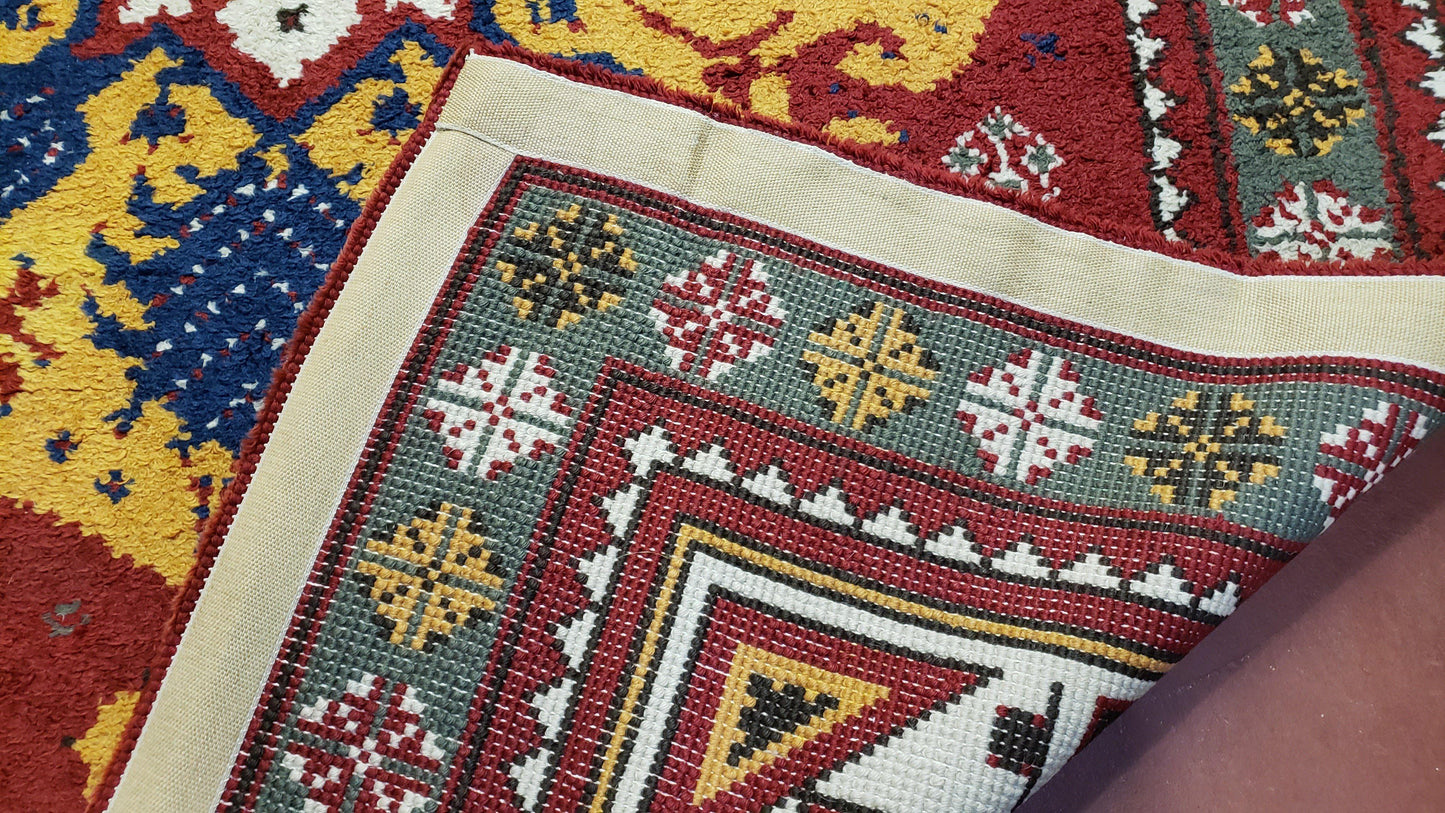 Colorful Moroccan Heriz Rug 6x9, Large Central Medallion, Red Yellow Blue