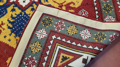 Colorful Moroccan Heriz Rug 6x9, Large Central Medallion, Red Yellow Blue