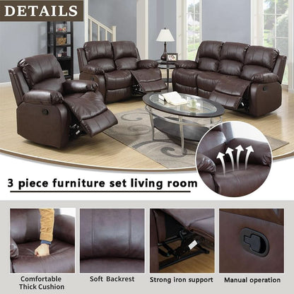 Brown Leather 3 Piece Recliner Sofa Living Room Set