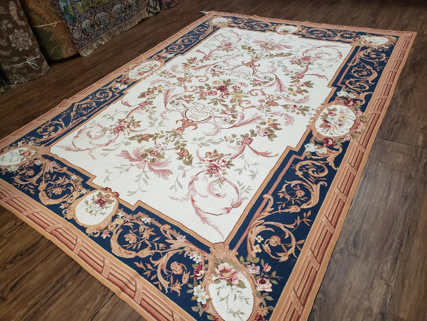 Chinese Aubusson Savonnerie Area Rug 6x8, Vintage Hand-Woven Needlepoint Rug, Flat Weave Handmade Wool Carpet Living Room Ivory & Navy Blue