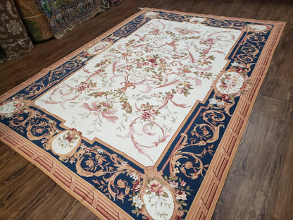 Chinese Aubusson Savonnerie Area Rug 6x8, Vintage Hand-Woven Needlepoint Rug, Flat Weave Handmade Wool Carpet Living Room Ivory & Navy Blue
