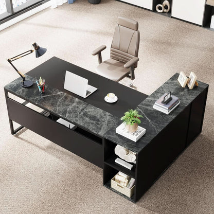 71 Inch Black L Shaped Executive Desk With Storage