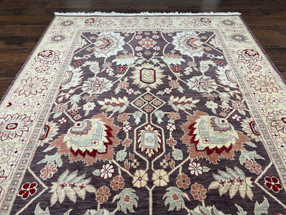 Vintage Indo Mahal Area Rug 6x9, Indian Persian Oriental Carpet 6 x 9, Puce Eggplant Tan Beige Rug, Hand-Knotted, Large Floral Design Wool