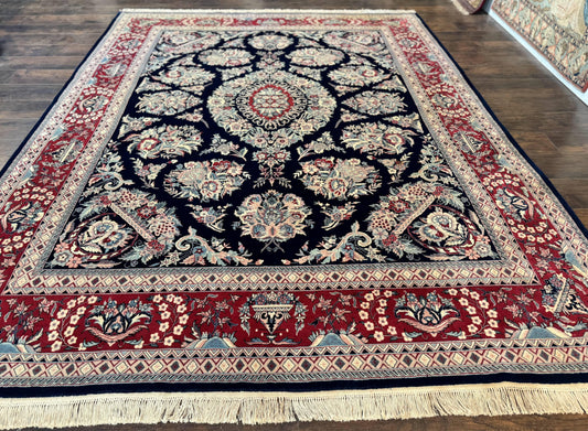 Sino Persian Rug 8x10, Floral Kirman Carpet, Navy Blue and Red, Floral Vases, Handmade Vintage Wool Carpet, 320 KPSI