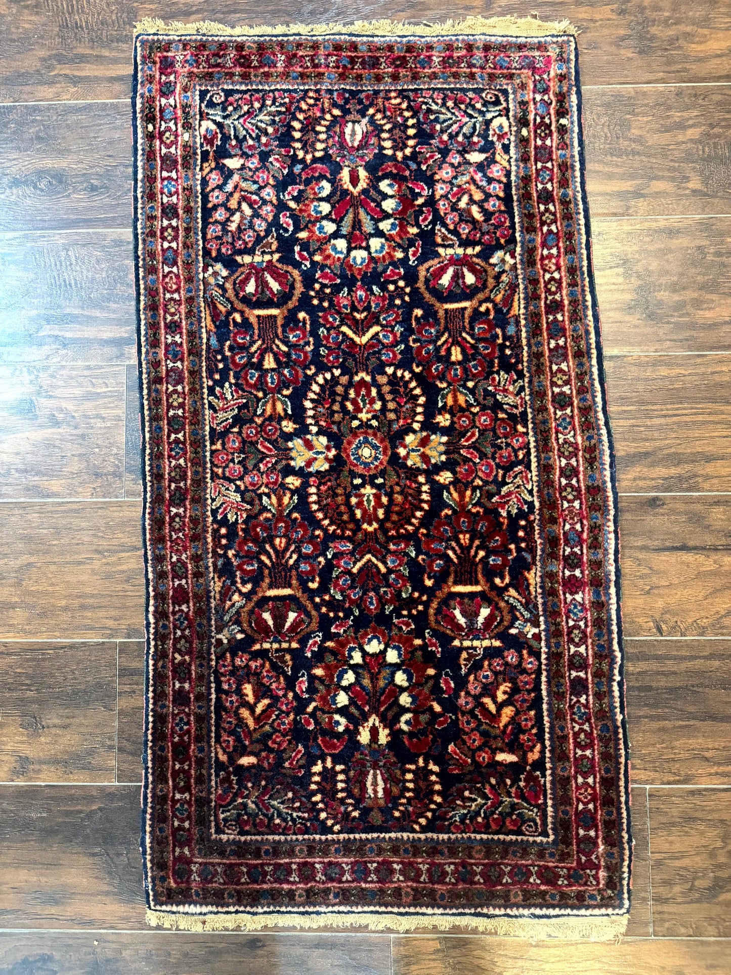 Small Navy Blue Persian Rug 2x4, Sarouk Rug, Rare Colors, Antique 1920s Wool Rug