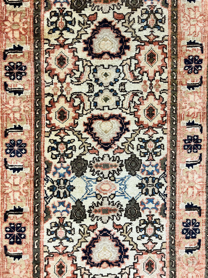 Romanian Runner Rug 2.6 x 12.9, Wool Handmade Hand Knotted Skinny Runner for Hallway, Floral Allover, Vintage Tan Runner