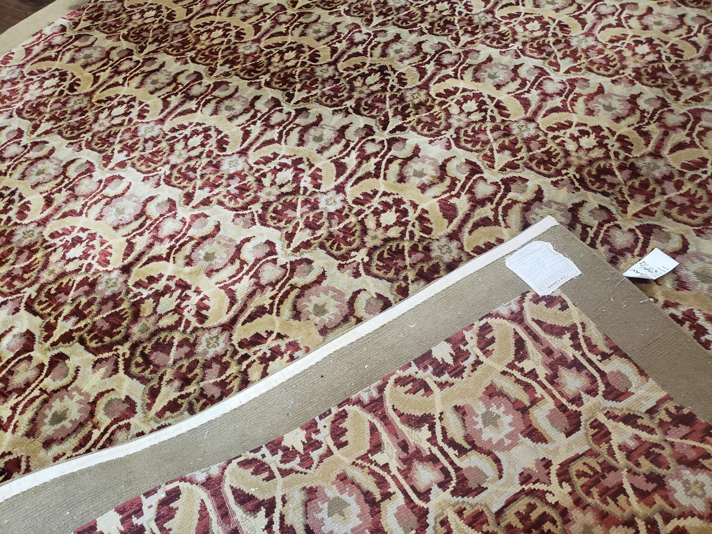 Contemporary Indian Nepalese Room Sized Rug 9 x 11.6, Wool Hand-Knotted Dark Red & Beige Soft Carpet, 9 x 12 Masterloom Living Room Rug