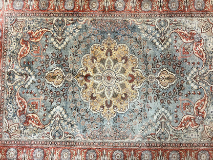Silk Turkish Rug 5x7, Light Blue Silk Carpet, Floral Medallion, Turkish Kayseri Rug, Vintage Handmade Oriental Rug