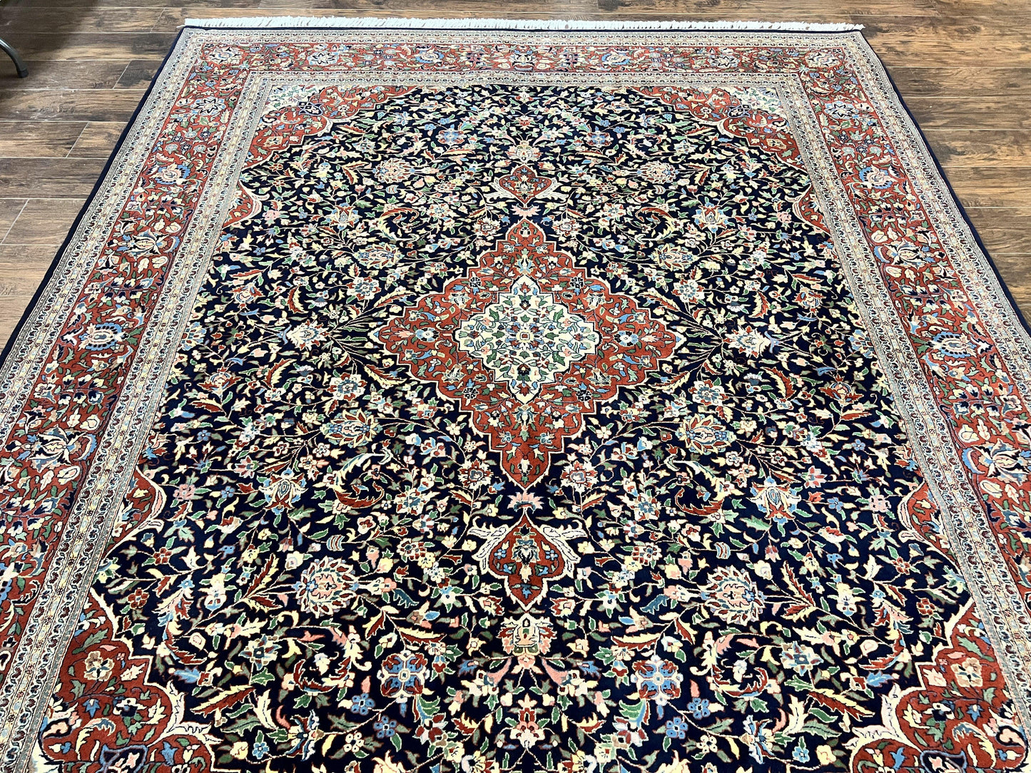 Indo Persian Rug 8x10, Floral Medallion, Vintage Handmade Wool Carpet, Navy Blue and Red, Fine 300 KPSI
