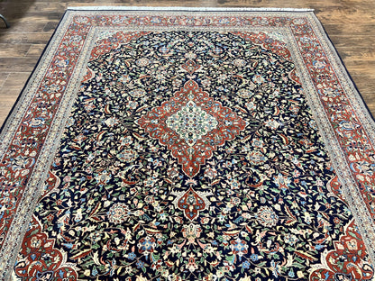 Indo Persian Rug 8x10, Floral Medallion, Vintage Handmade Wool Carpet, Navy Blue and Red, Fine 300 KPSI