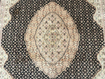 Sino Persian Rug 8x10, Herati Mahi Pattern, Fine 170 KPSI, Black, Wool and Silk Highlights