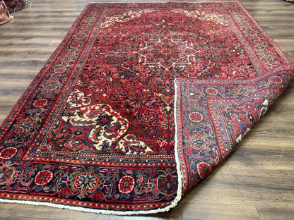 Persian Heriz Rug 7x10, Red and Navy, Geometric Medallion, Vintage Wool Carpet