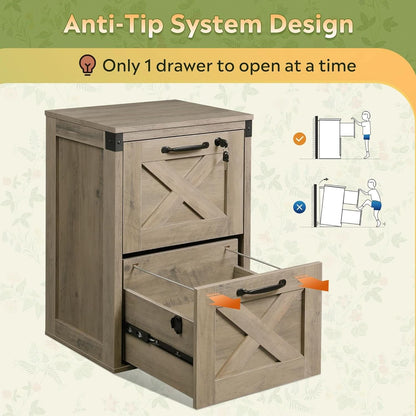 2 Drawer File Cabinet With Lock Gray Oak Farmhouse Home Office Printer Stand Fits Letter A4