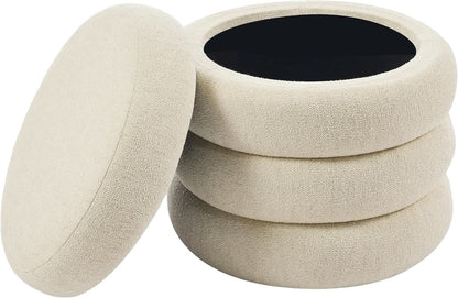 Beige Linen Upholstered Round Storage Ottoman Removable Lid