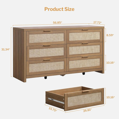 Rattan Dresser FiftySixPointNineInches Wide Six Drawer