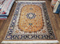 Vintage Persian Qum Silk Rug 4.6 x 6.7, Burnt Orange and Navy Blue, Antique Oriental Very Fine Signature Master Weaver 350+ KPSI Ghom Qom 5x7 Rug