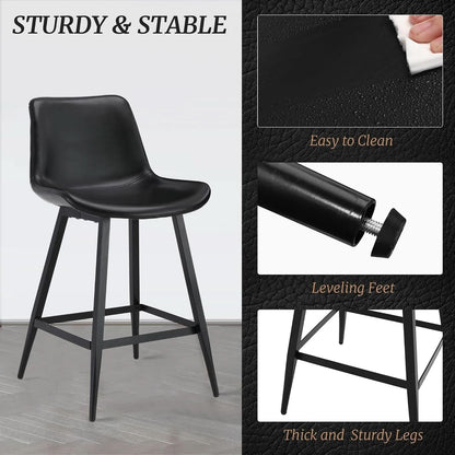 24 Inch Modern Bucket Bar Stool Set Of 3 With Back And Footrest In Faux Leather Black