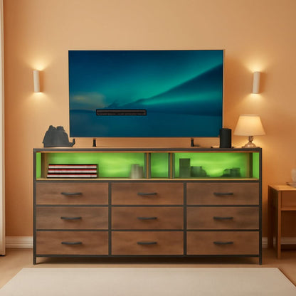 55 Inch Rustic Brown 9-Drawer Entertainment Dresser