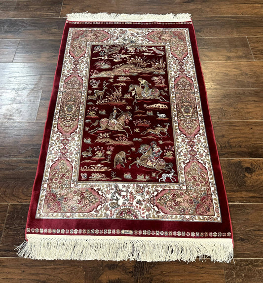 Dark Red Turkish Silk Rug 2.6 x 4, Hunting Design Scene, Bamboo Silk