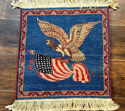 Pictorial Rug of American Flag with Bald Eagle, Small Indo Persian Pictorial Rug, Blue, Handmade, Very Fine 330 KPSI