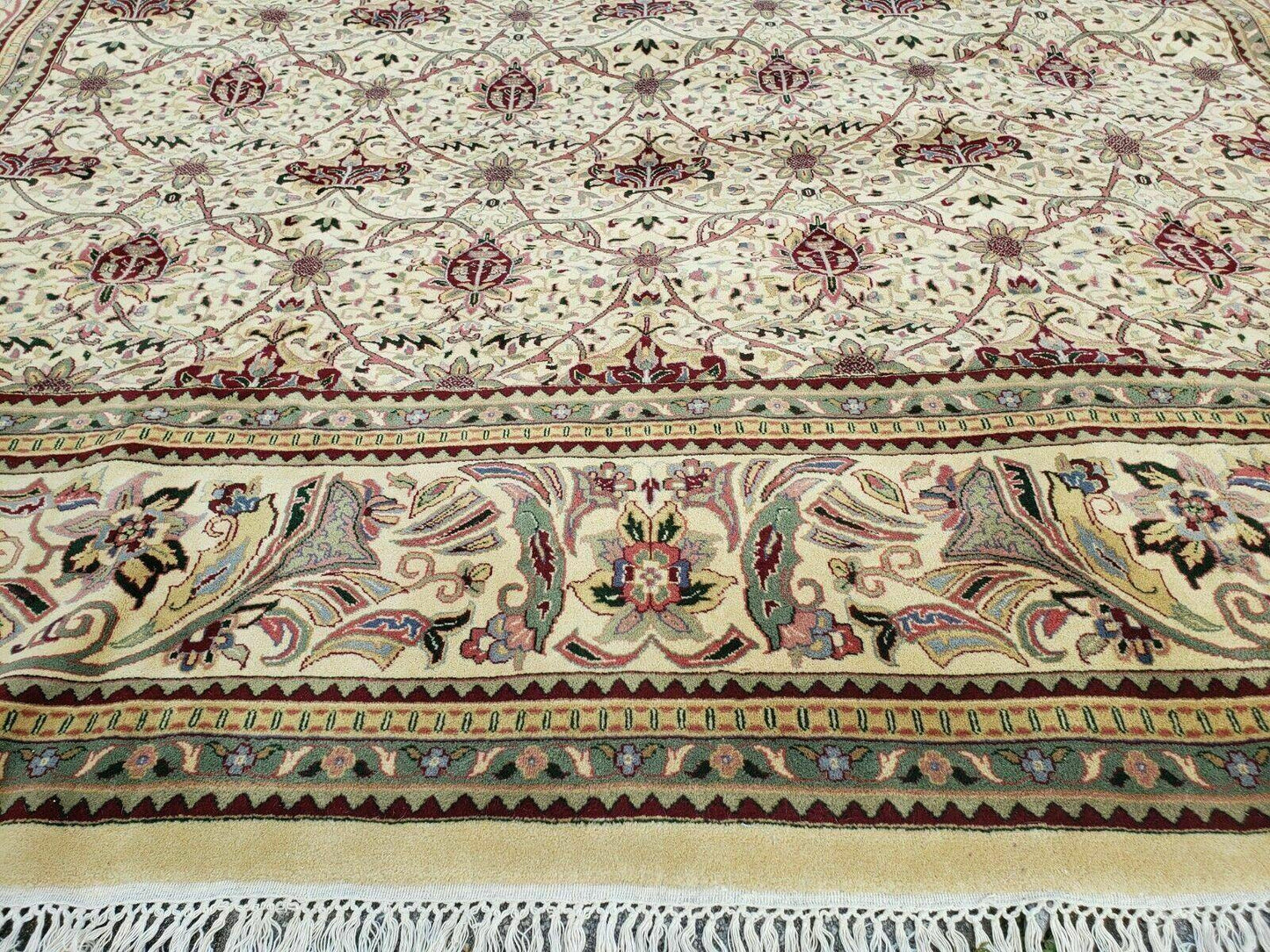 12' X 18' One-of-a-Kind Indian Agra Hand-Knotted Wool Rug Handmade Organic Dyes