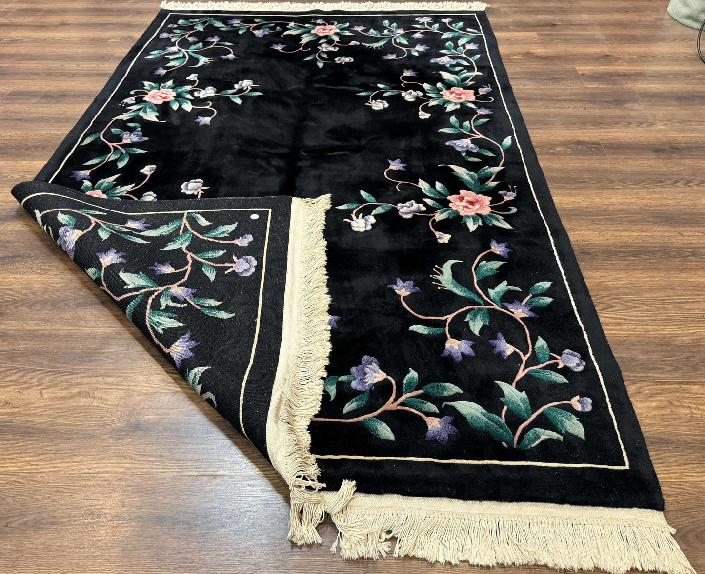 Chinese Wool Rug 6x9, Black, Floral, Minimal Design, 90 Line Carpet, Vintage Art Deco Rug