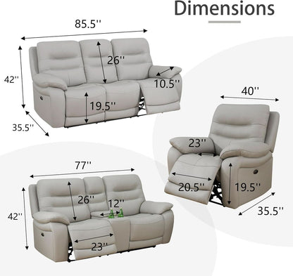 Genuine Leather Power Recliner Sofa Set 3 Piece Light Grey