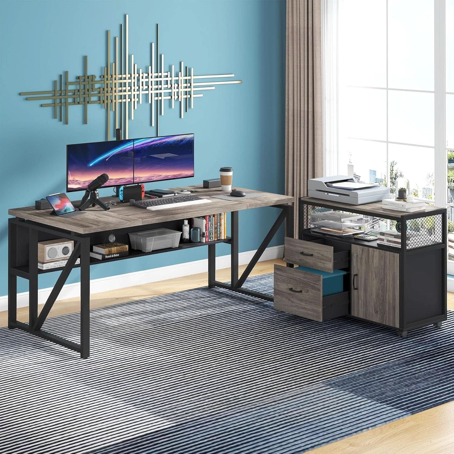 L Shaped Desk With Drawer Cabinet And Lateral File Cabinet 63 Inch Gray
