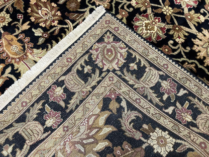 Indo Mahal Sultanabad Rug 8x11, Vintage Indian Oriental Carpet, Wool Handmade Floral Rug 8 x 11 ft, Black Beige Tan, Large Flowers Allover