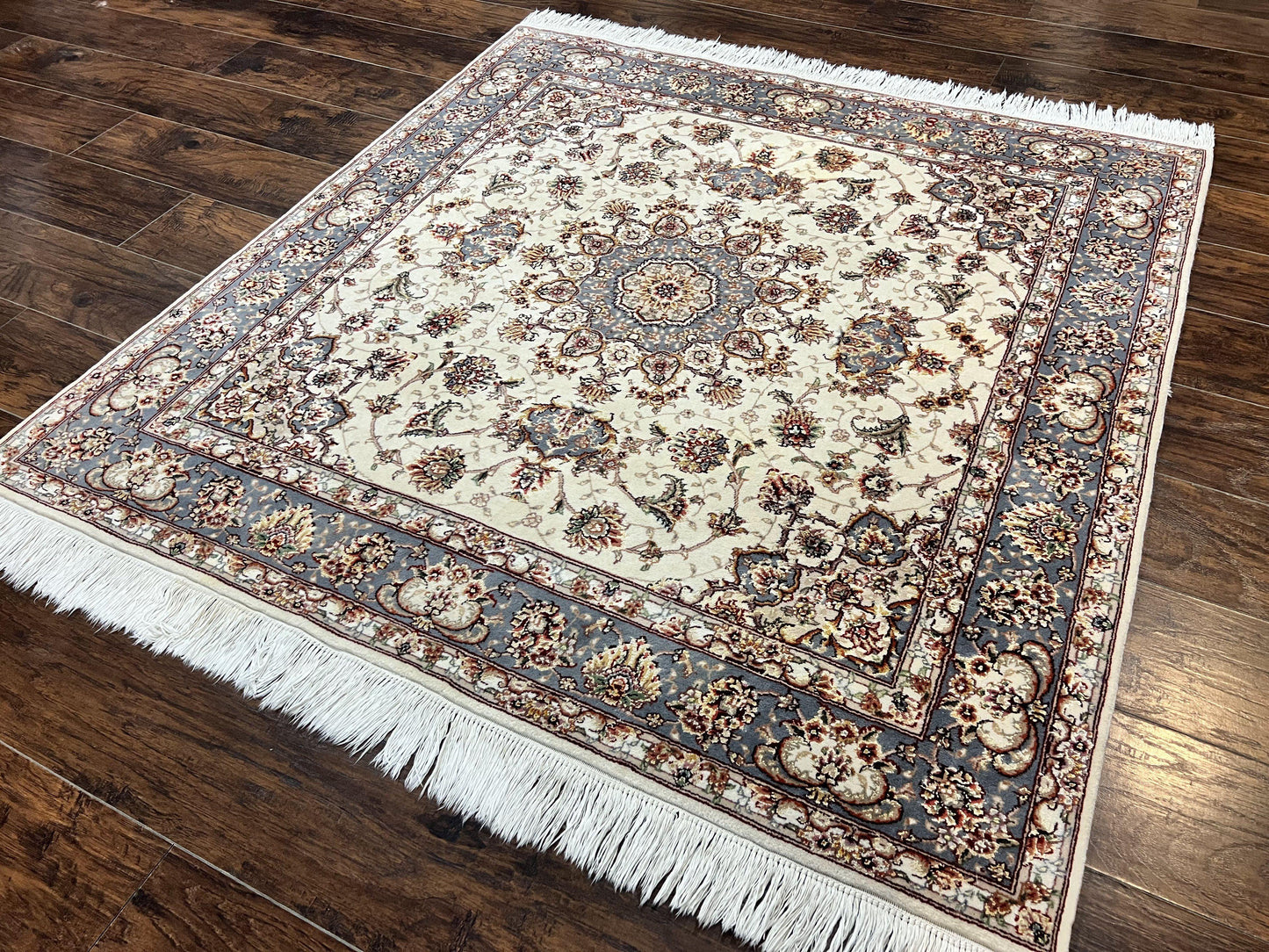 Sino Persian Square Rug 5x5, Very Fine Oriental Carpet, Wool & Silk Highlights, Ivory, Hand Knotted Handmade Vintage Traditional Rug