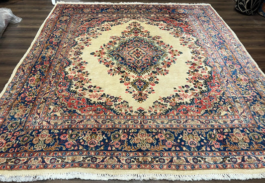 Persian Rug 9x10, Hamadan Rug, Antique Oriental Carpet, Wool Rug, Semi Open Field, Cream and Navy Blue, Kirman Design Hand Knotted Almost Square Rug