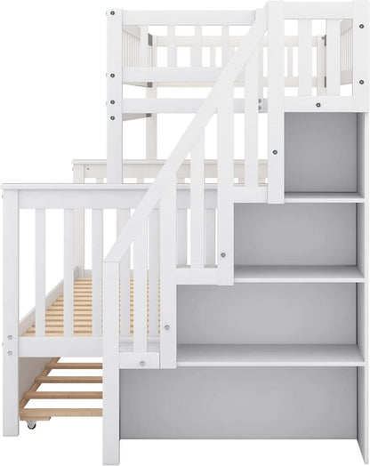 Twin Over Full Bunk Bed With Stairs And Trundle White Wood