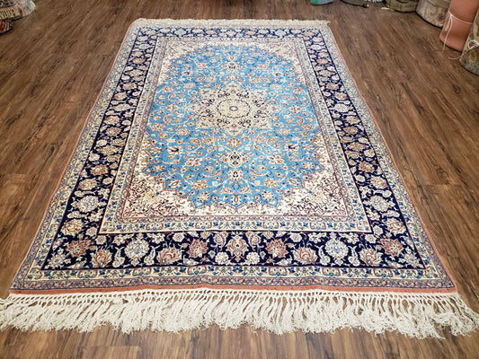 Persian Isfahan Rug, Kork Wool on Silk Foundation, Sky Blue, Hand-Knotted, 5' 1" x 7' 8"