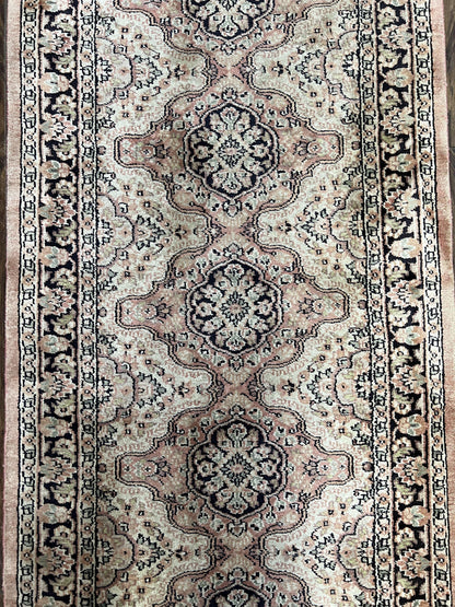 Silk Kashmiri Runner 2.7 x 10 ft Vintage Rug, Ivory Pastel Pink, Hand-Knotted Vintage Runner, Hallway Carpet, Indian Rug Medallion Runner