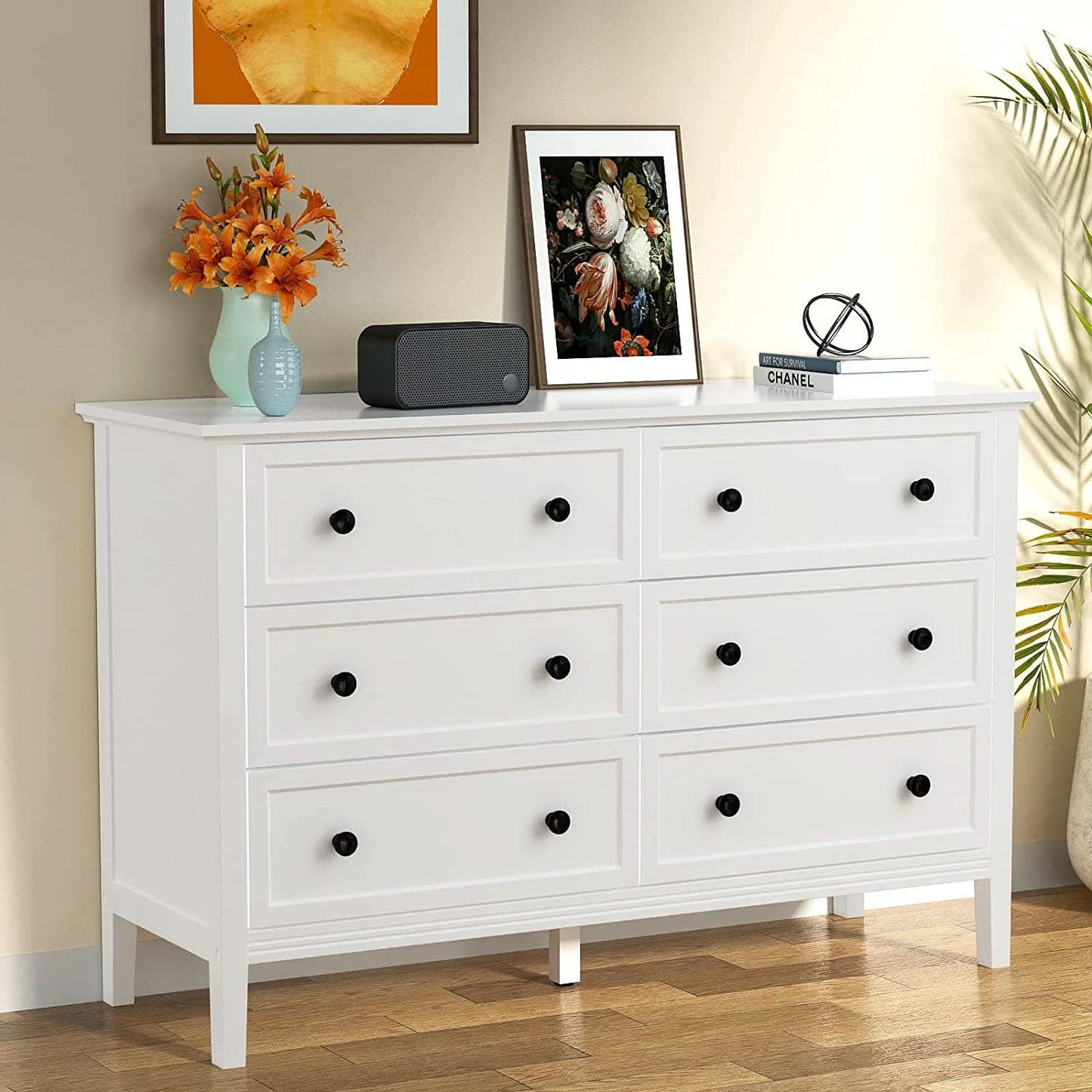 Modern White 6-Drawer Dresser With Metal Handles Bedroom