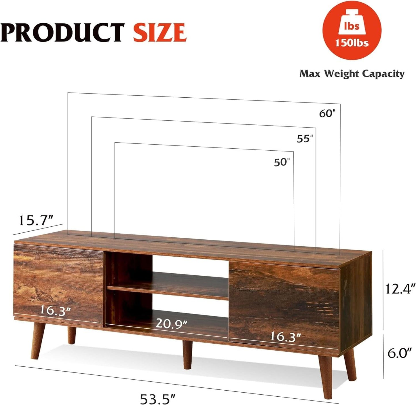 Mid Century TV Stand 55 to 60 Inch Retro Brown Finish