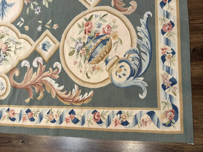 Aubusson Rug 9x12, Muted Sage Green and Cream, European Design