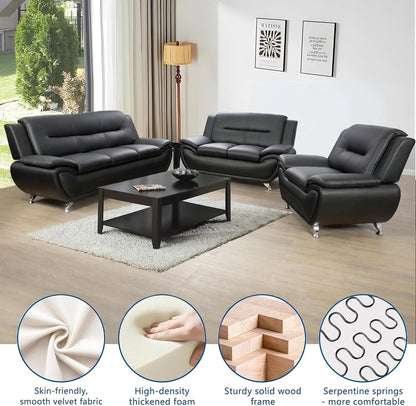 3 Piece Black Sofa Set Modern Living Room Couch Set Sofa Loveseat Chair For Home Decor