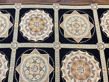 Needlepoint Rug 8x10, Black Tan Beige, Panel Design, Wool Handwoven Handmade Flatweave Needlepoint Carpet, Vintage French European Rug