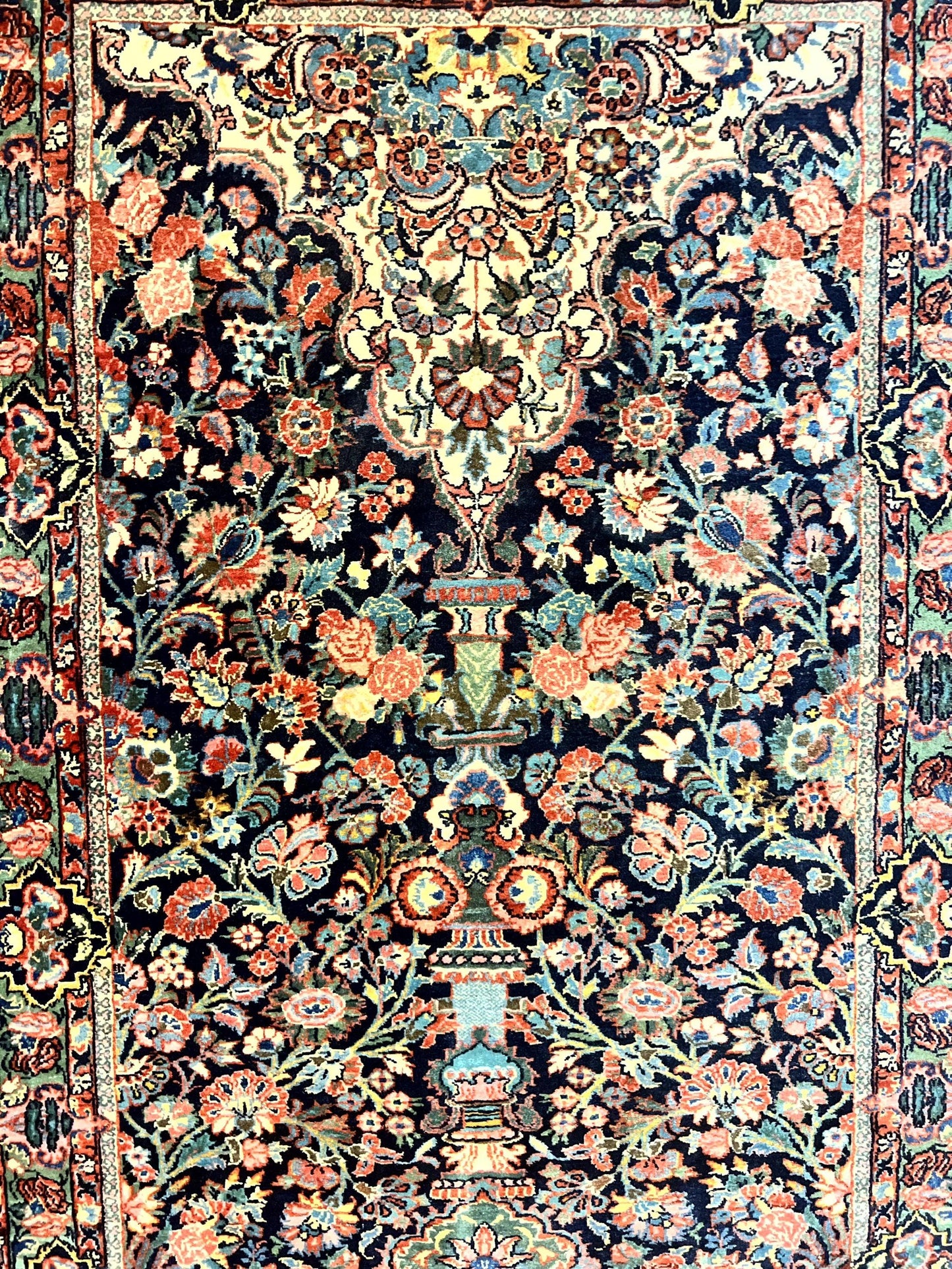 Persian Saoruk Rug 4x5, Navy Blue and Red, Floral, Antique Persian Wool Carpet, Handmade