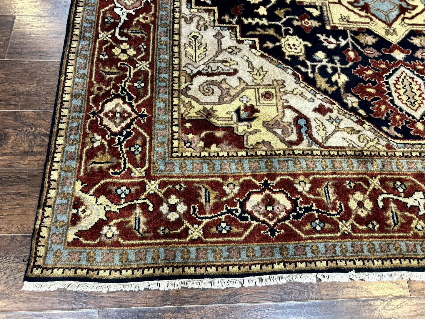 Indo Persian Heriz Rug 8x10, Geometric Medallion, Serapi Carpet, Wool Vintage Rug