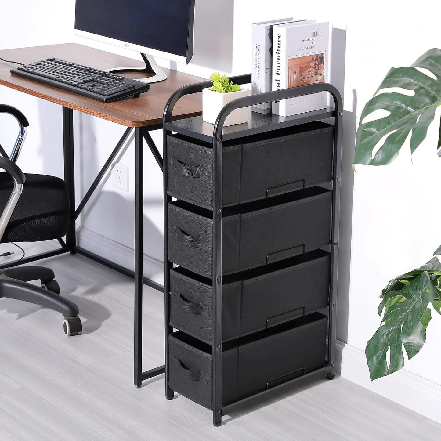 4 Drawer Narrow Fabric Dresser Storage Tower With Wood Top Black