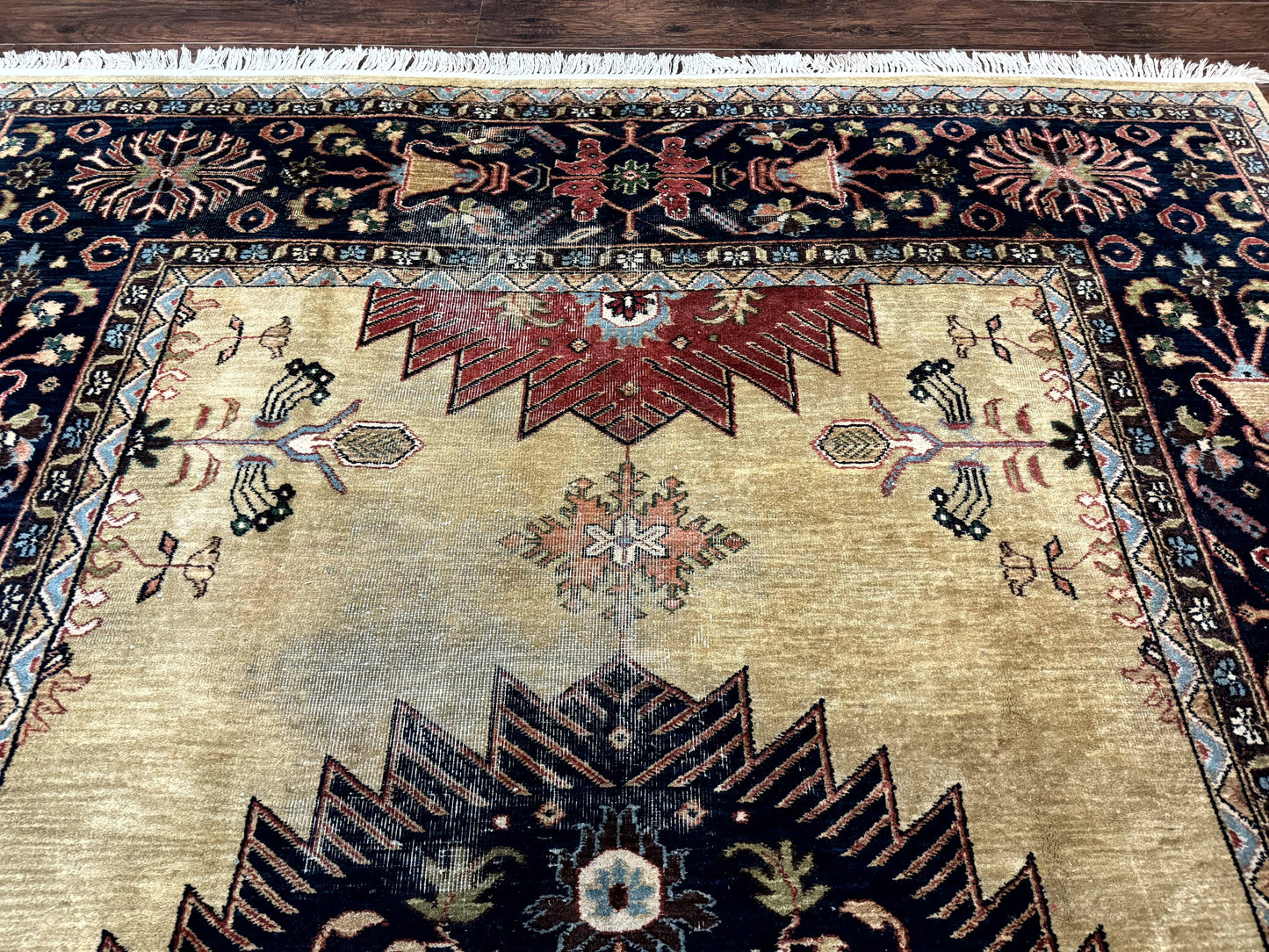 Indo Persian Heriz Rug 8x12, Camel Hair Tan and Navy Blue, Decorative