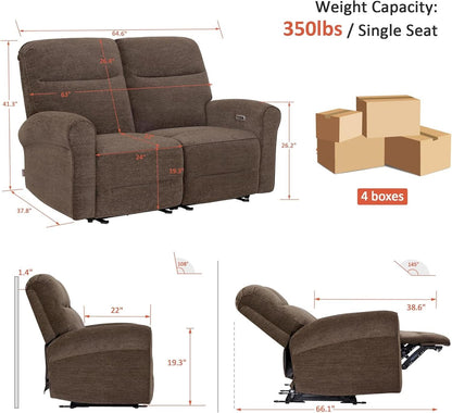 Fabric 64.6 Inch Dark Brown Wall Hugger Power Recliner Loveseat
