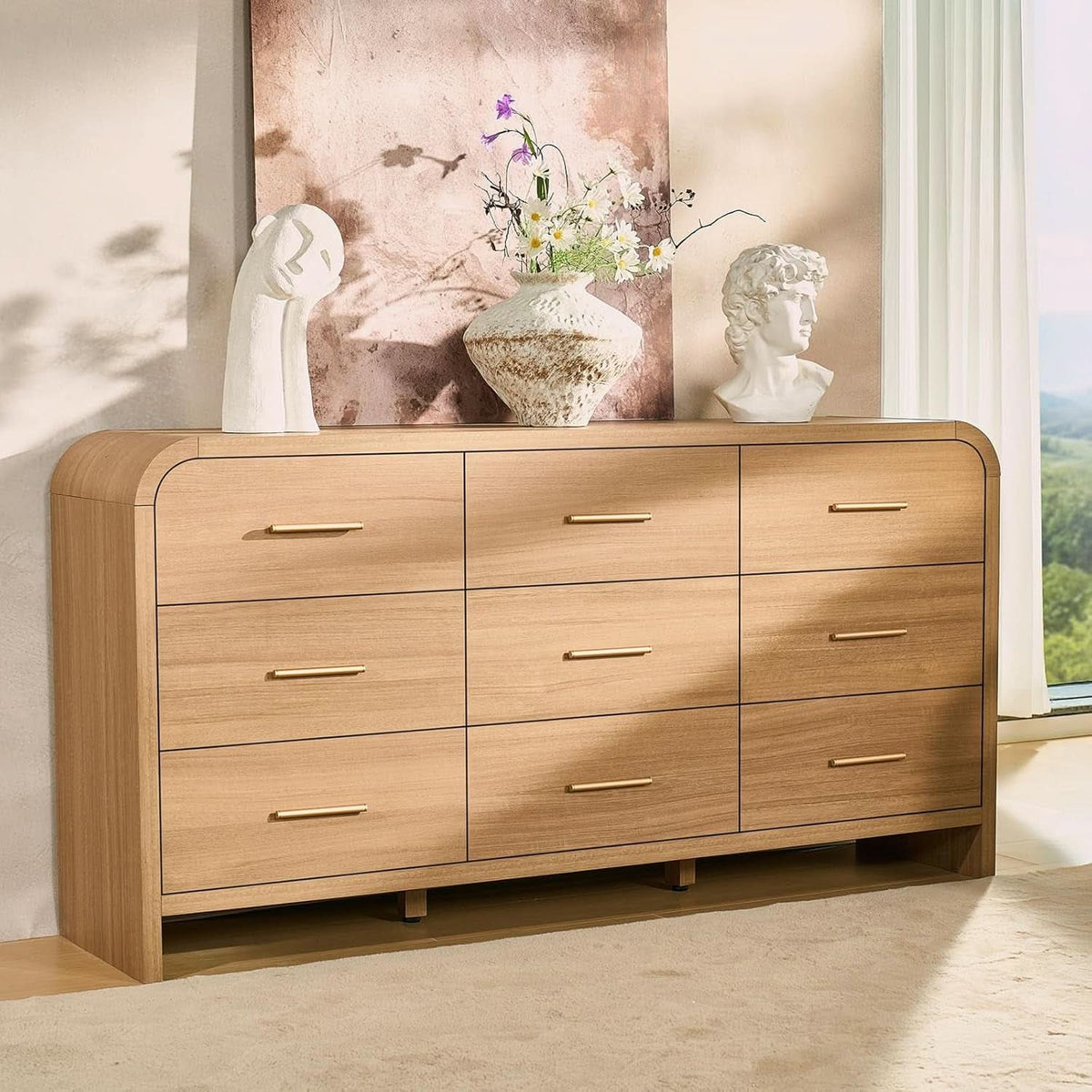 SolidOak Curved Nine Drawer Dresser SixtyThreeInches